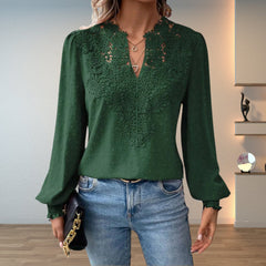 Women's Lace Bodice Long Sleeve Blouse | Elegant V-Neck Smocked-Cuff Top 3