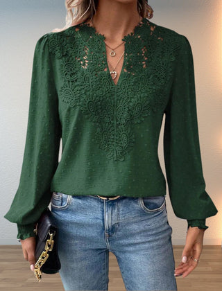 Women's Lace Bodice Long Sleeve Blouse | Elegant V-Neck Smocked-Cuff Top 3