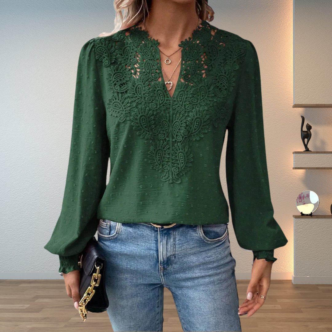 Women's Lace Bodice Long Sleeve Blouse | Elegant V-Neck Smocked-Cuff Top 3