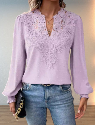 Women's Lace Bodice Long Sleeve Blouse | Elegant V-Neck Smocked-Cuff Top 4