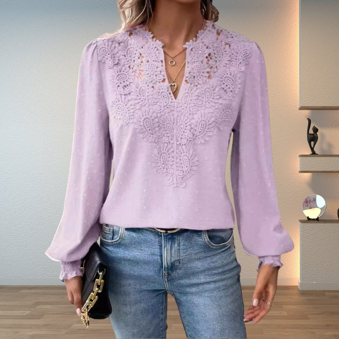 Women's Lace Bodice Long Sleeve Blouse | Elegant V-Neck Smocked-Cuff Top 4