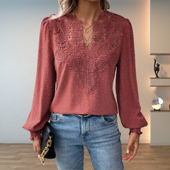Women's Lace Bodice Long Sleeve Blouse | Elegant V-Neck Smocked-Cuff Top 5