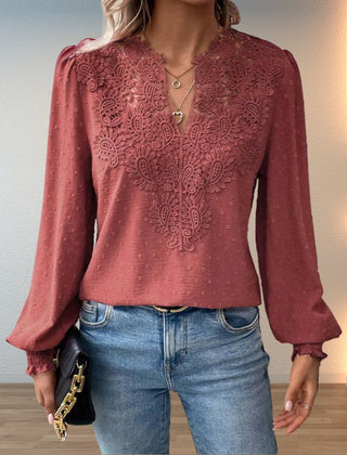 Women's Lace Bodice Long Sleeve Blouse | Elegant V-Neck Smocked-Cuff Top 5