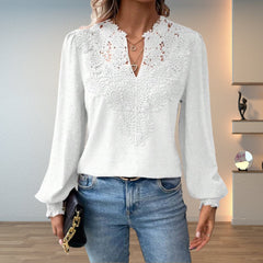 Women's Lace Bodice Long Sleeve Blouse | Elegant V-Neck Smocked-Cuff Top 6