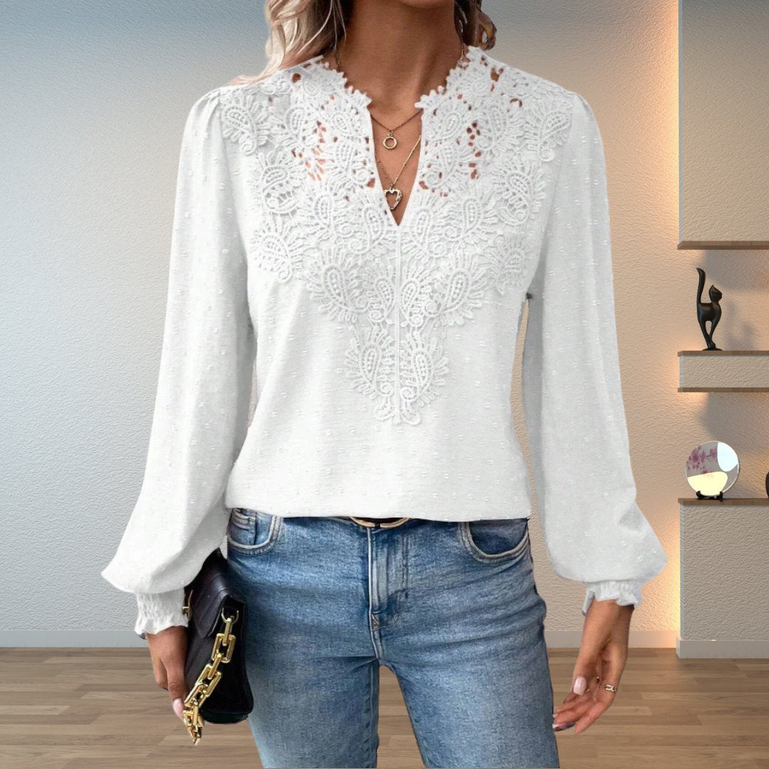 Women's Lace Bodice Long Sleeve Blouse | Elegant V-Neck Smocked-Cuff Top 6