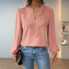 Women's Lace Bodice Long Sleeve Blouse | Elegant V-Neck Smocked-Cuff Top 7