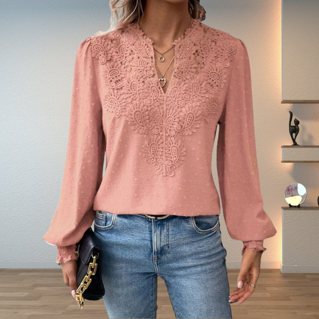 Women's Lace Bodice Long Sleeve Blouse | Elegant V-Neck Smocked-Cuff Top 7