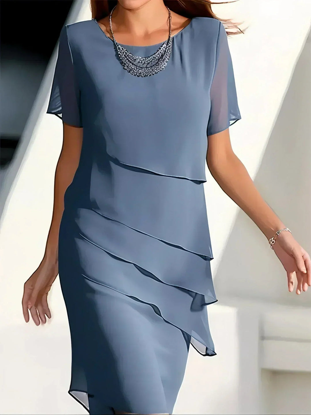 Women's Layered Chiffon Midi Dress | Elegant Summer Cocktail Dress 0