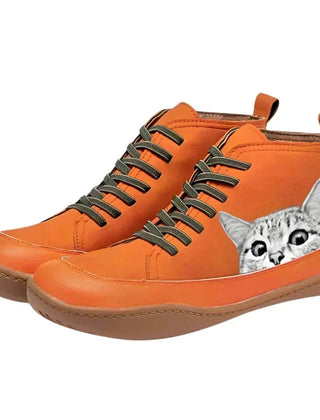 Women's Leather Ankle Boots | Playful Cat Print Lace-Up Design 0