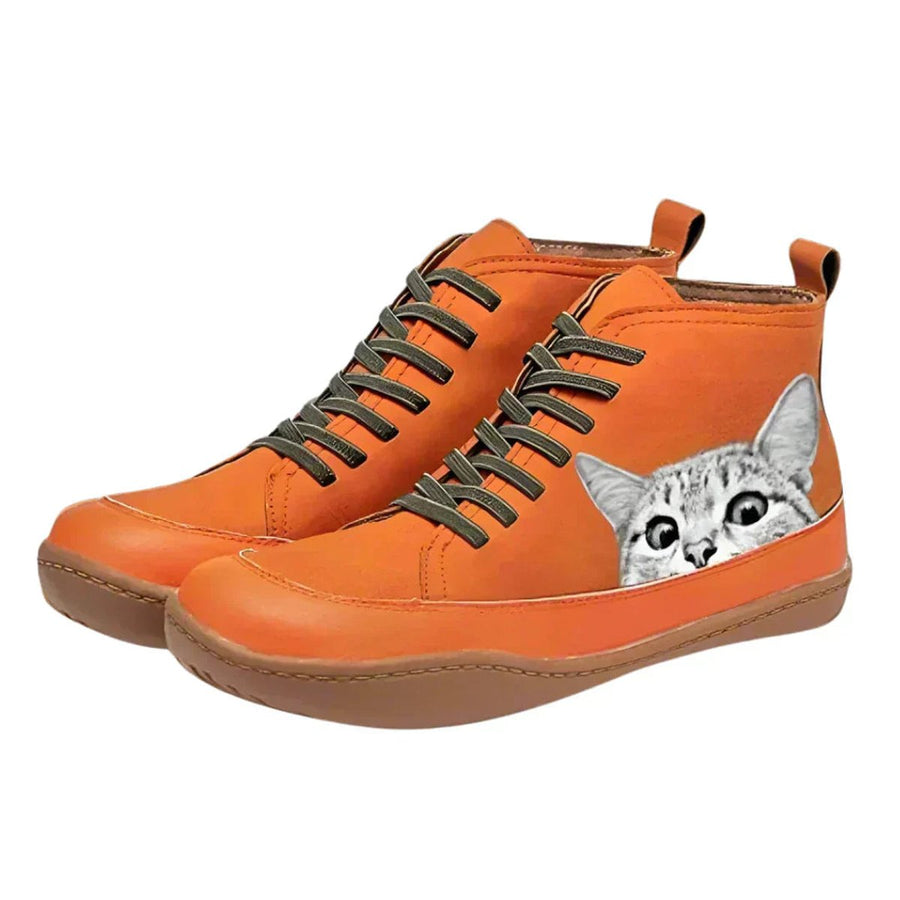 Women's Leather Ankle Boots | Playful Cat Print Lace-Up Design 0
