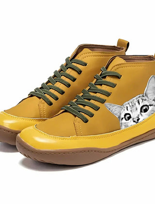 Women's Leather Ankle Boots | Playful Cat Print Lace-Up Design 1