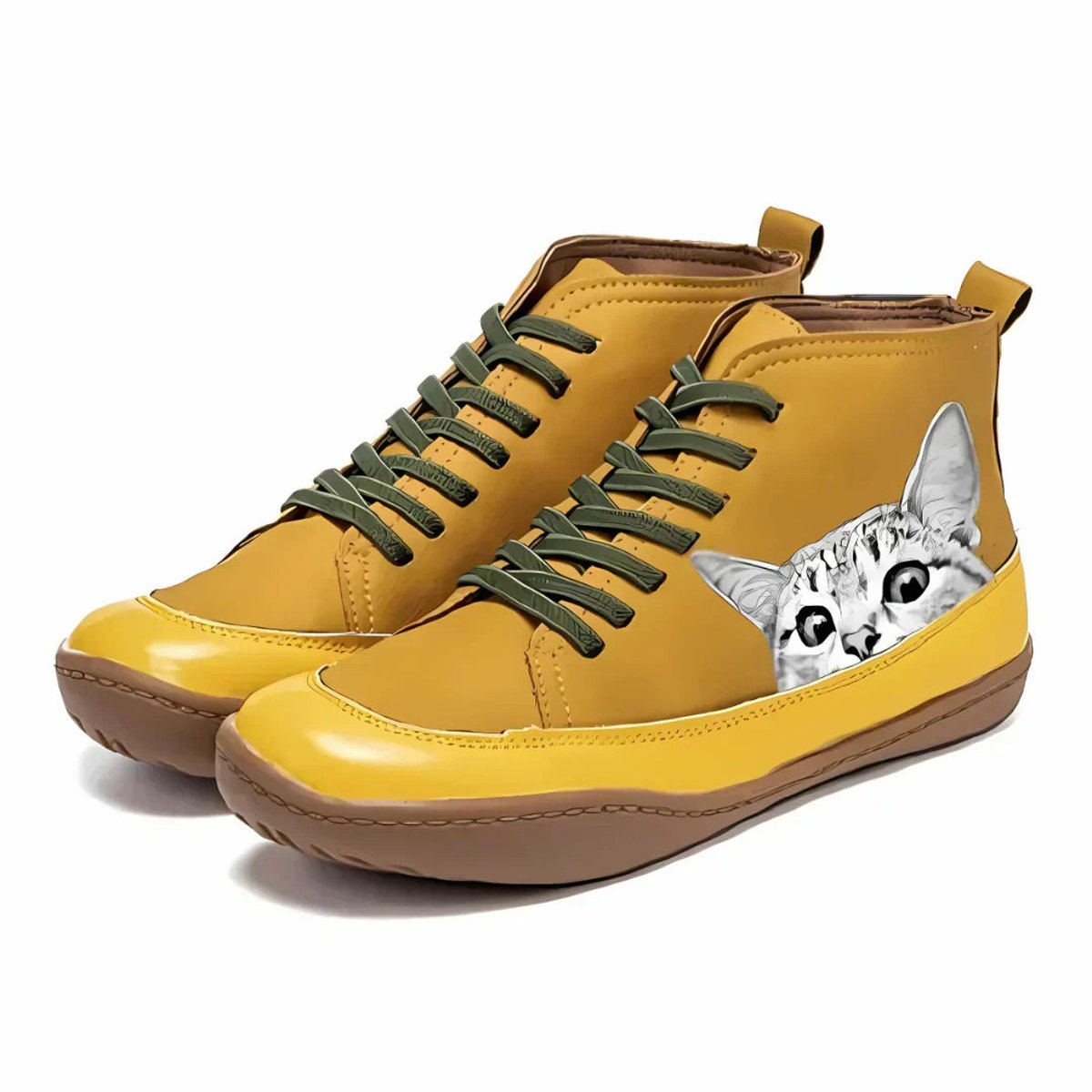 Women's Leather Ankle Boots | Playful Cat Print Lace-Up Design 1