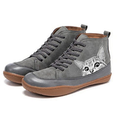 Women's Leather Ankle Boots | Playful Cat Print Lace-Up Design 2