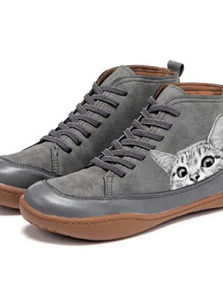 Women's Leather Ankle Boots | Playful Cat Print Lace-Up Design 2