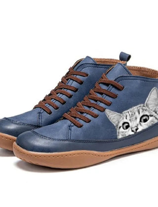 Women's Leather Ankle Boots | Playful Cat Print Lace-Up Design 3