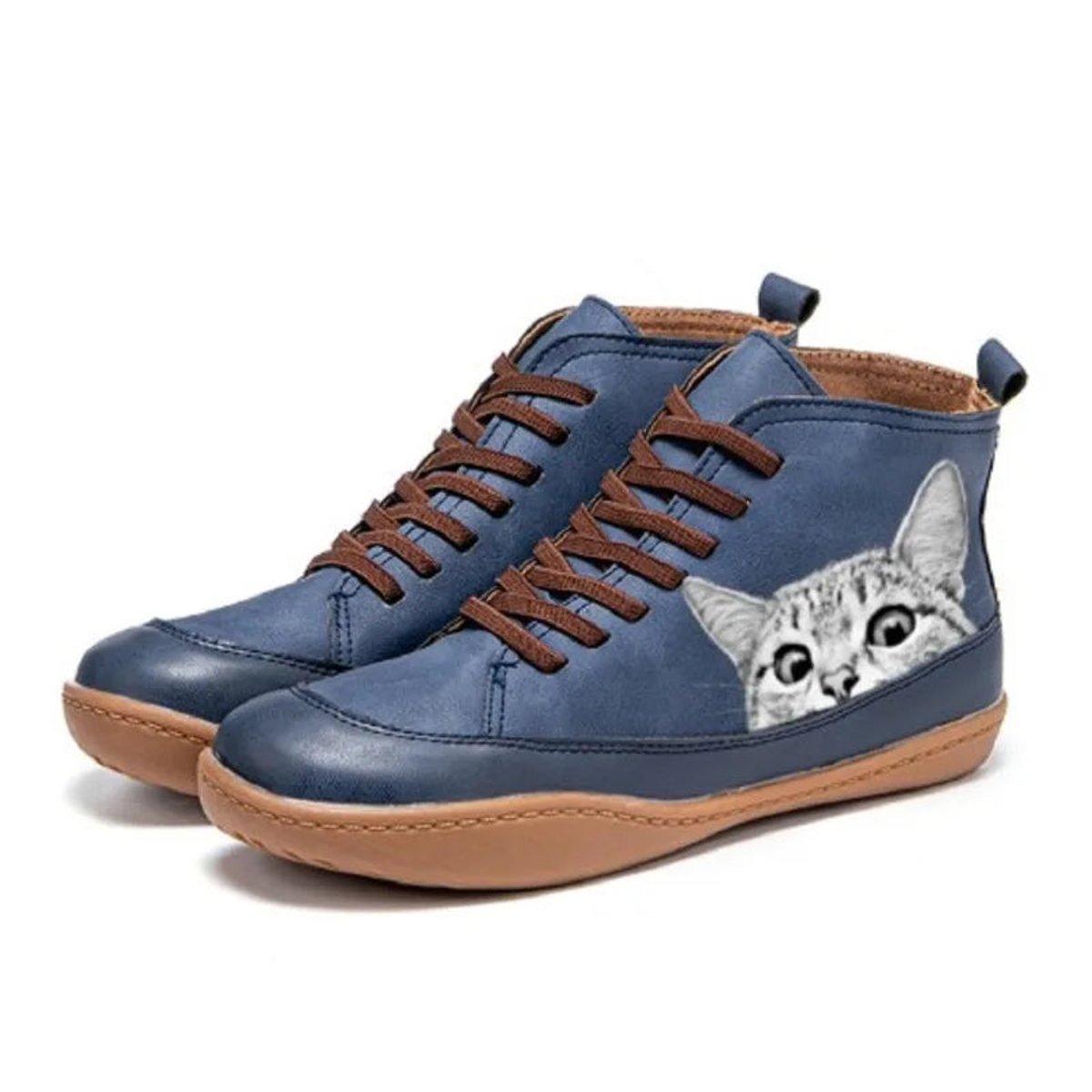 Women's Leather Ankle Boots | Playful Cat Print Lace-Up Design 3