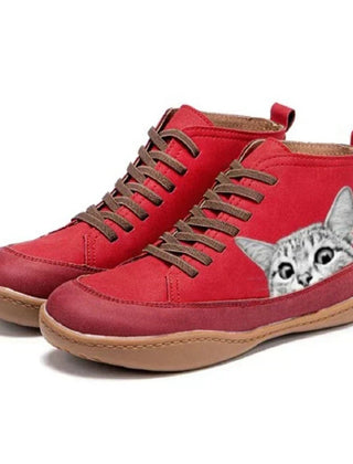 Women's Leather Ankle Boots | Playful Cat Print Lace-Up Design 4