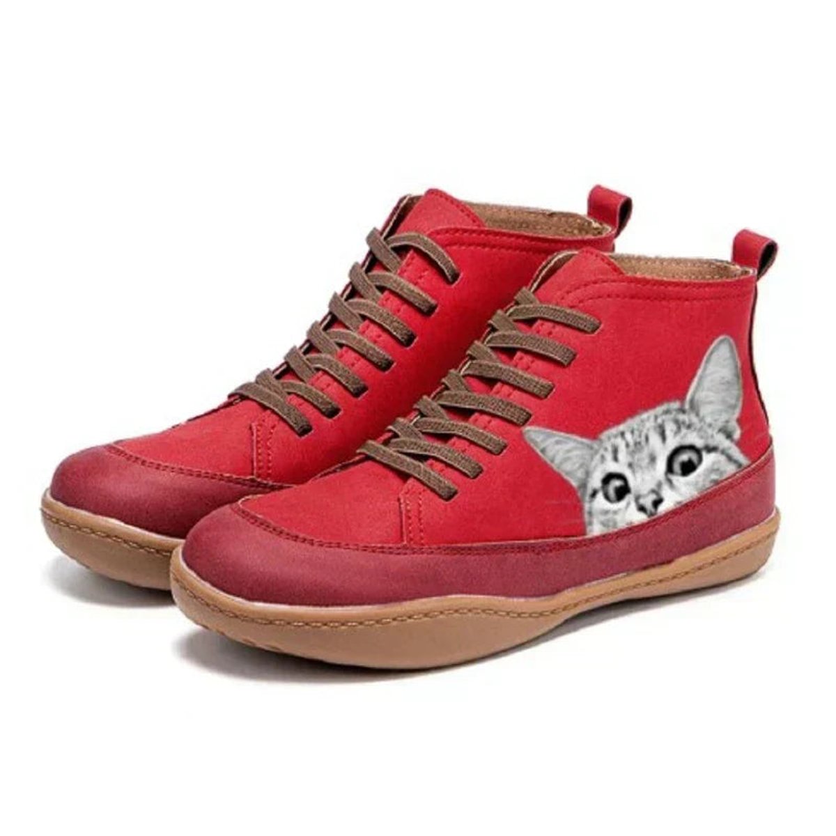Women's Leather Ankle Boots | Playful Cat Print Lace-Up Design 4