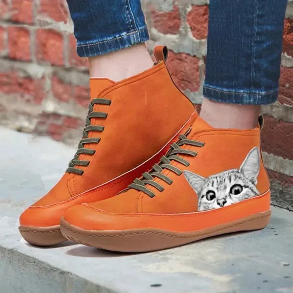 Women's Leather Ankle Boots | Playful Cat Print Lace-Up Design 6