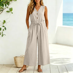Women's Lightweight Cotton Jumpsuit | Elegant Front Tie Wide Leg Outfit 0