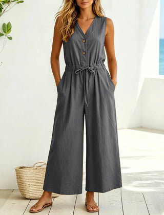 Women's Lightweight Cotton Jumpsuit | Elegant Front Tie Wide Leg Outfit 1