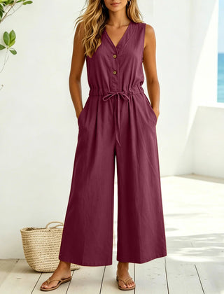 Women's Lightweight Cotton Jumpsuit | Elegant Front Tie Wide Leg Outfit 2
