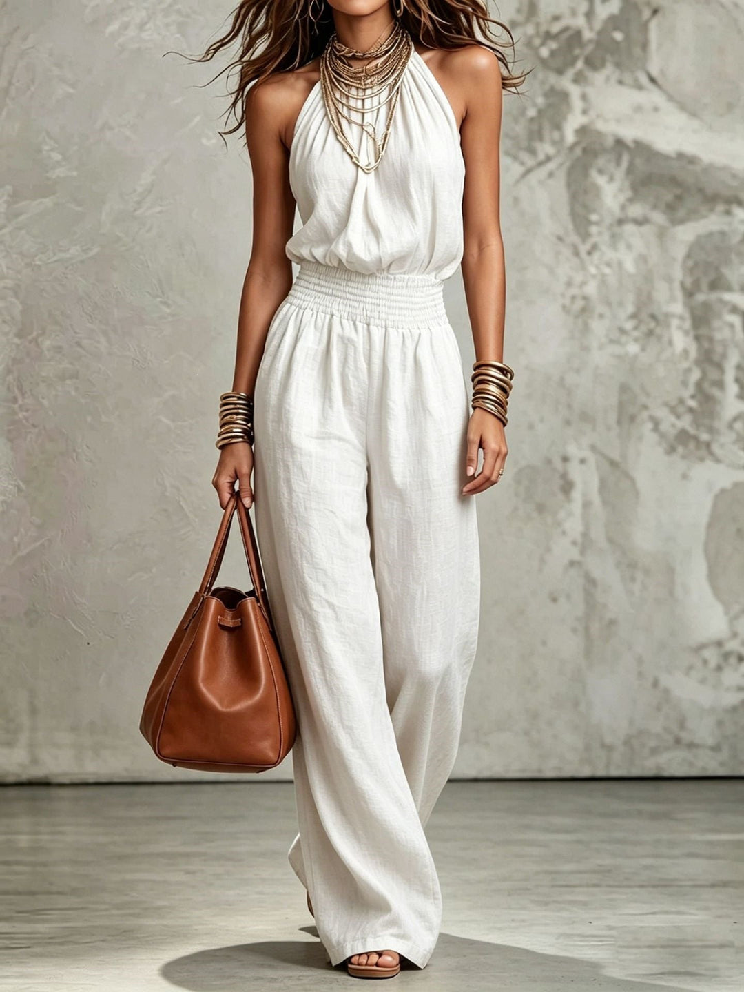 Women's Lightweight Cotton Jumpsuit | Elegant Halter Neck Wide-Leg Design 7