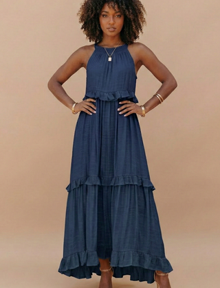 Women's Lightweight Cotton Maxi Dress | Flowy Elegant Summer Dress with Halter Neck 3