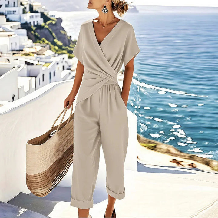 Women's Lightweight Fabric Two Piece Set | Elegant Wrap-Front Top and Tailored Trousers 0