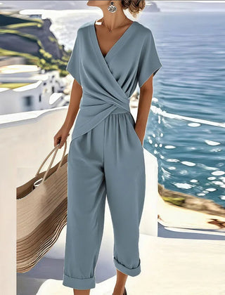 Women's Lightweight Fabric Two Piece Set | Elegant Wrap-Front Top and Tailored Trousers 1