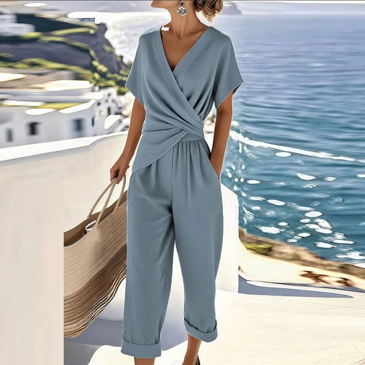 Women's Lightweight Fabric Two Piece Set | Elegant Wrap-Front Top and Tailored Trousers 1