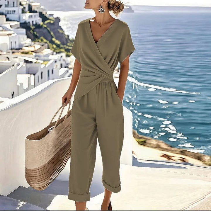 Women's Lightweight Fabric Two Piece Set | Elegant Wrap-Front Top and Tailored Trousers 2