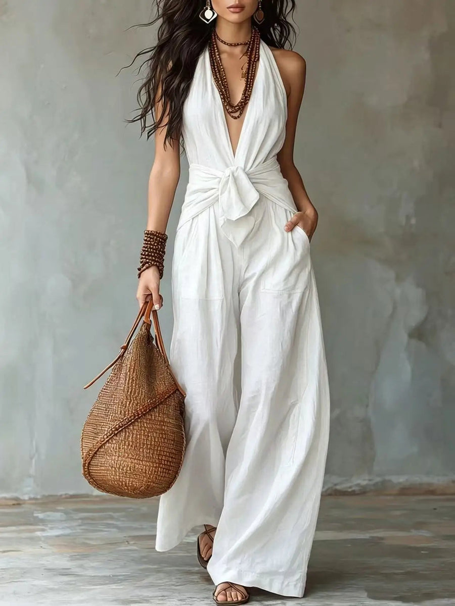Women's Lightweight Flowy Jumpsuit | Elegant Deep V-Neck Summer Outfit 0