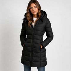 Women's Lightweight Insulated Black Puffer Jacket | Stylish Hooded Mid-Thigh Winter Coat 0
