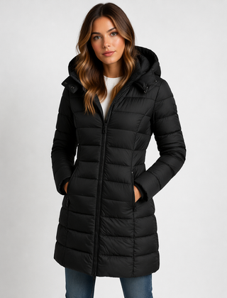 Women's Lightweight Insulated Black Puffer Jacket | Stylish Hooded Mid-Thigh Winter Coat 0