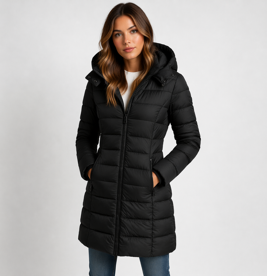 Women's Lightweight Insulated Black Puffer Jacket | Stylish Hooded Mid-Thigh Winter Coat 0