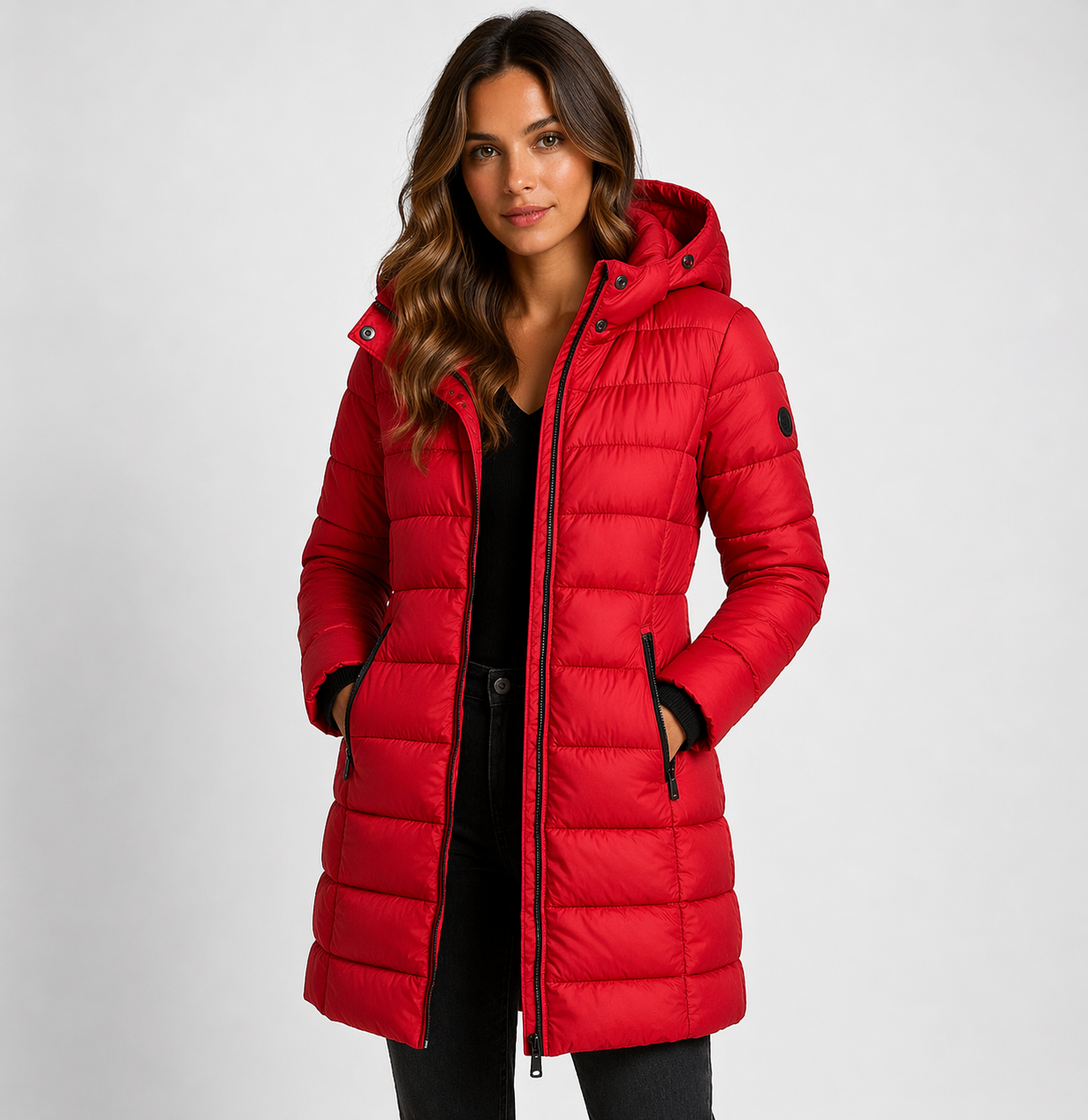 Women's Lightweight Insulated Black Puffer Jacket | Stylish Hooded Mid-Thigh Winter Coat 4