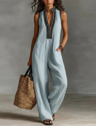 Women's Lightweight Lace Trim Jumpsuit | Elegant Sleeveless Wide-Leg Outfit 0