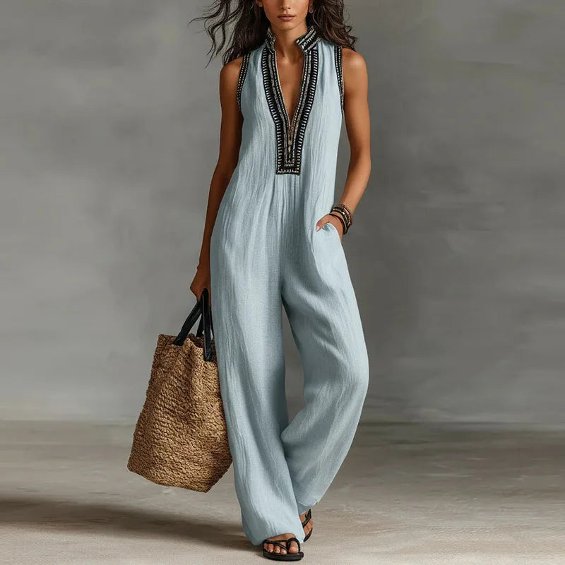Women's Lightweight Lace Trim Jumpsuit | Elegant Sleeveless Wide-Leg Outfit 0