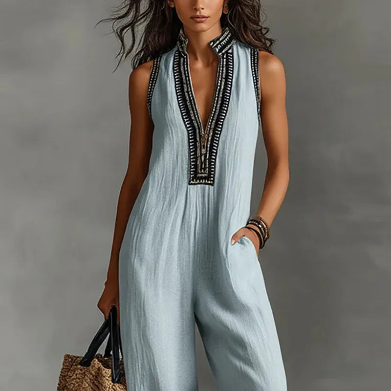 Women's Lightweight Lace Trim Jumpsuit | Elegant Sleeveless Wide-Leg Outfit 1