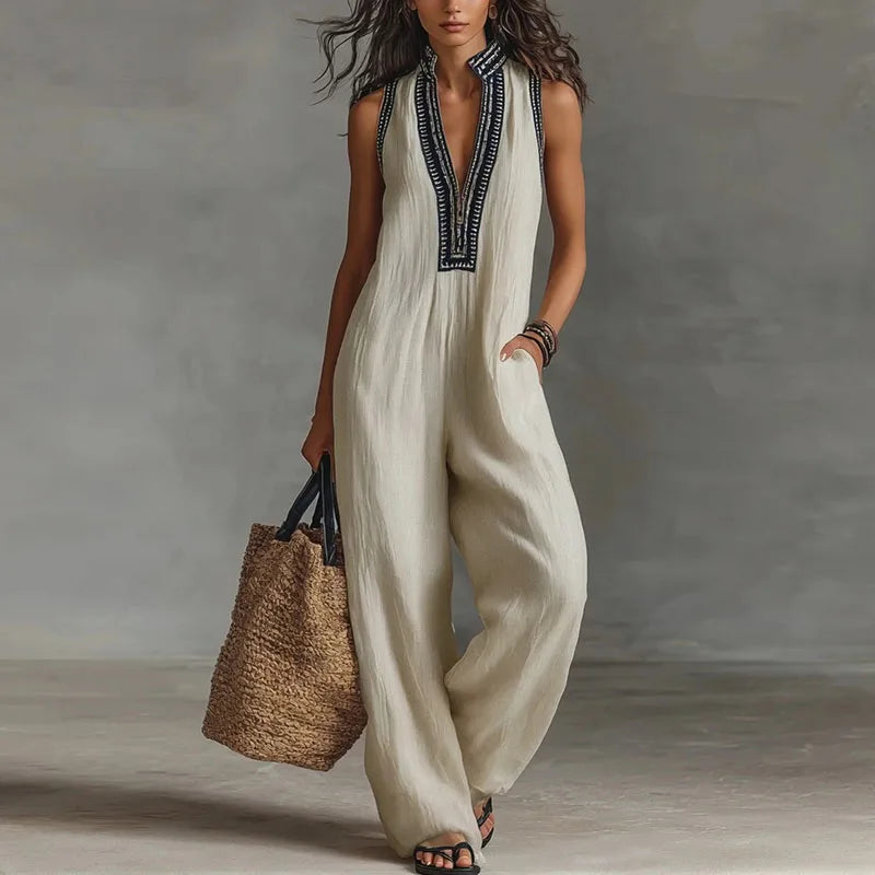 Women's Lightweight Lace Trim Jumpsuit | Elegant Sleeveless Wide-Leg Outfit 2