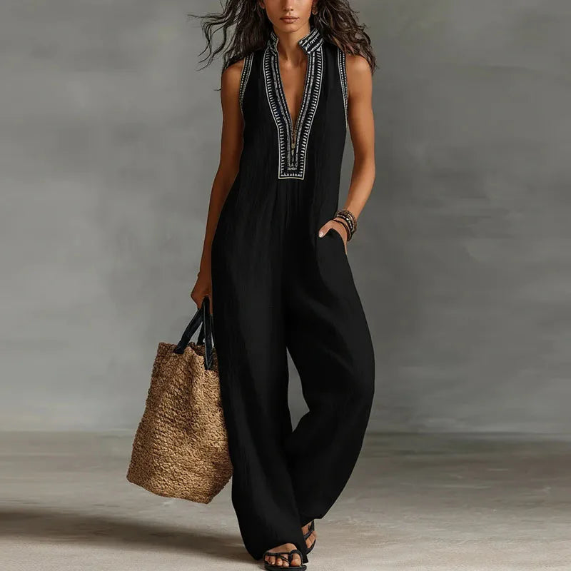 Women's Lightweight Lace Trim Jumpsuit | Elegant Sleeveless Wide-Leg Outfit 4