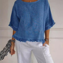 Women's Lightweight Linen-Look Blouse | Relaxed-Fit Casual Summer Top with Frayed Hem 0
