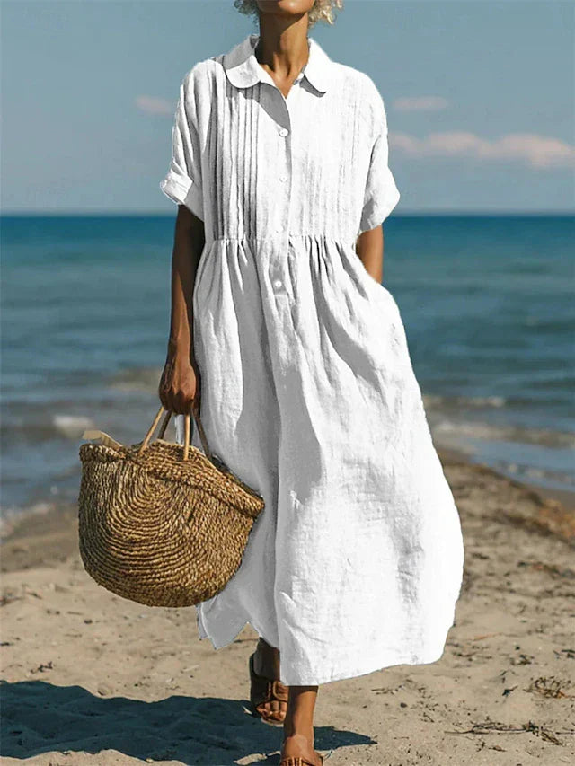 Women's Lightweight Linen Maxi Dress | Elegant Pintuck Pleated Summer Dress 0