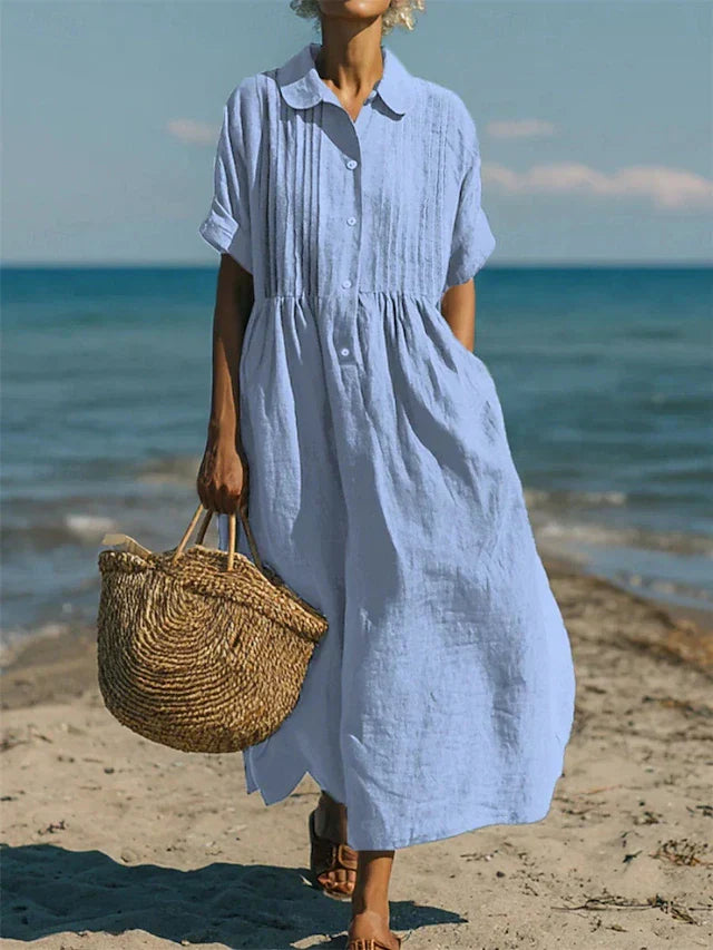 Women's Lightweight Linen Maxi Dress | Elegant Pintuck Pleated Summer Dress 1