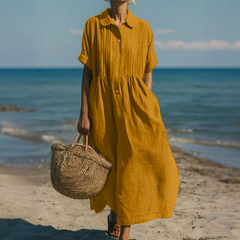 Women's Lightweight Linen Maxi Dress | Elegant Pintuck Pleated Summer Dress 5