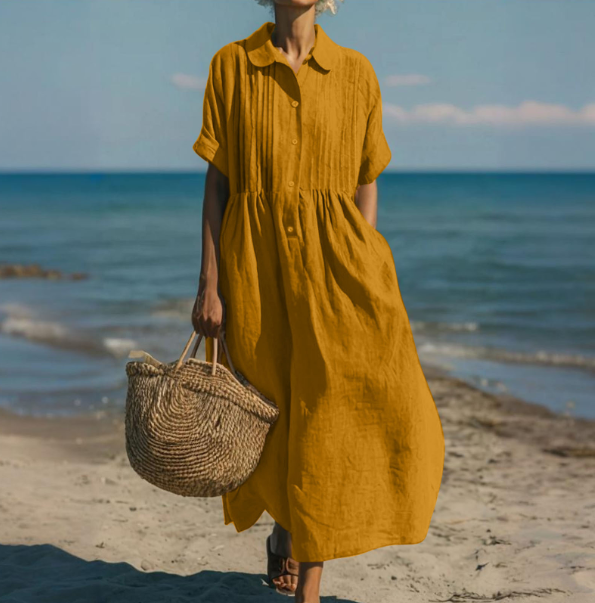 Women's Lightweight Linen Maxi Dress | Elegant Pintuck Pleated Summer Dress 5