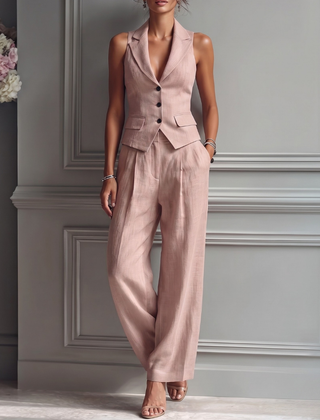 Women's Lightweight Linen Two Piece Set | Elegant Sleeveless Waistcoat & Wide Leg Trousers 0