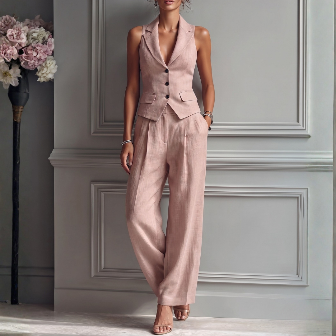 Women's Lightweight Linen Two Piece Set | Elegant Sleeveless Waistcoat & Wide Leg Trousers 0