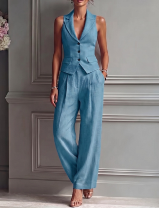 Women's Lightweight Linen Two Piece Set | Elegant Sleeveless Waistcoat & Wide Leg Trousers 1